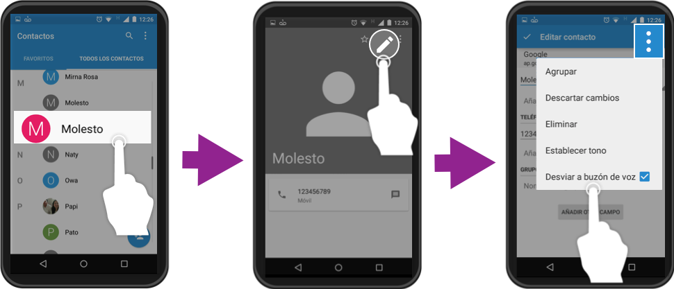 Vista de cómo bloquear un contacto en un dispositivo Motorola.