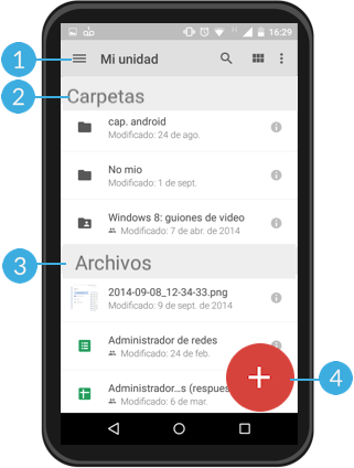 Imagen ejemplo de la interfaz en de la aplicación de Google Drive para móviles.