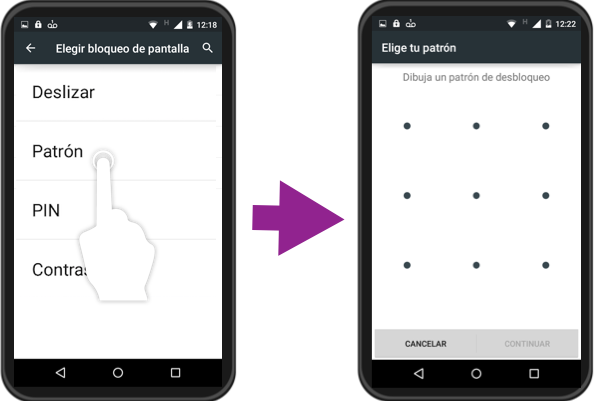 Imagen ejemplo de los pasos 4 y 5 para bloquear una pantalla en Android.