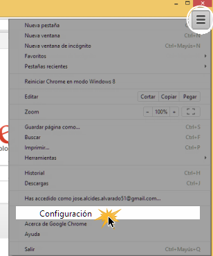 Vista de la opción Configuración en el menú desplegable del botón Configurar.
