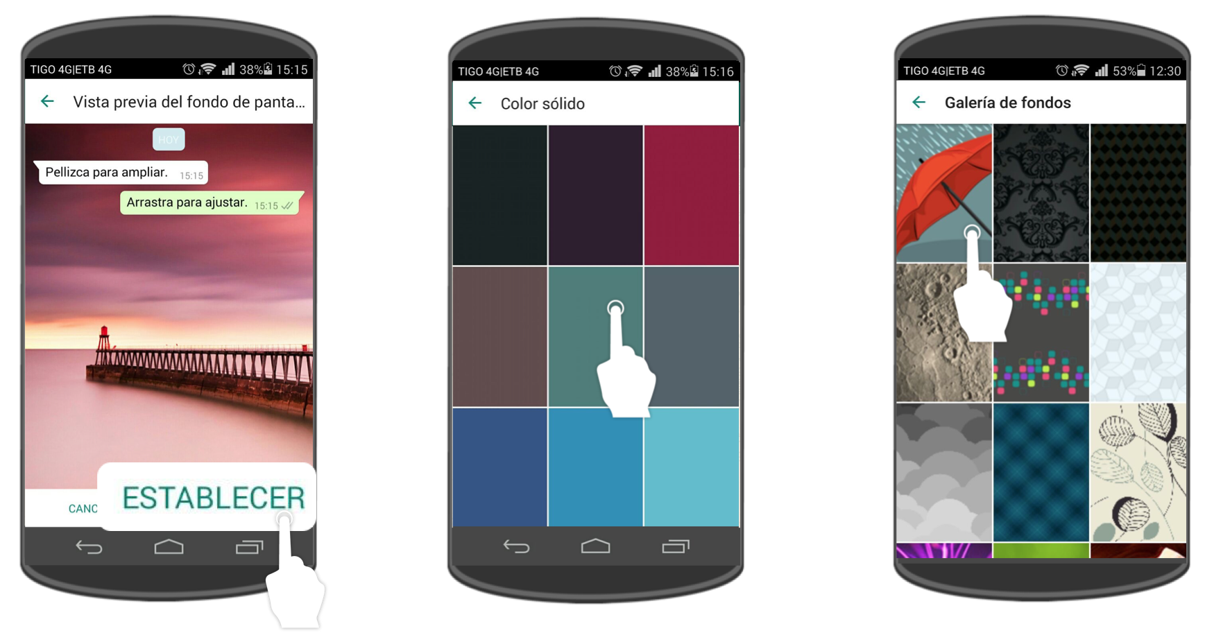 Ejemplo de la interfaz de la galería de fotos de tu celular, colores sólidos y galería de WhatsApp.