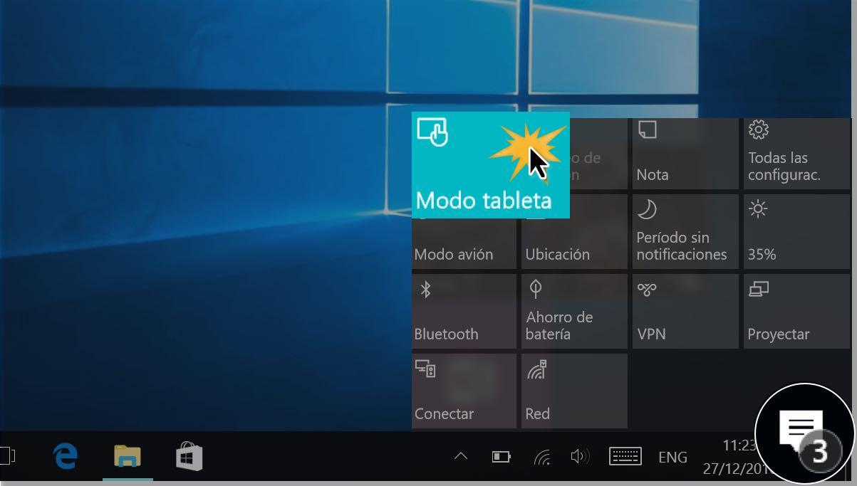 En la pantalla notificaciones selecciona Modo tableta.