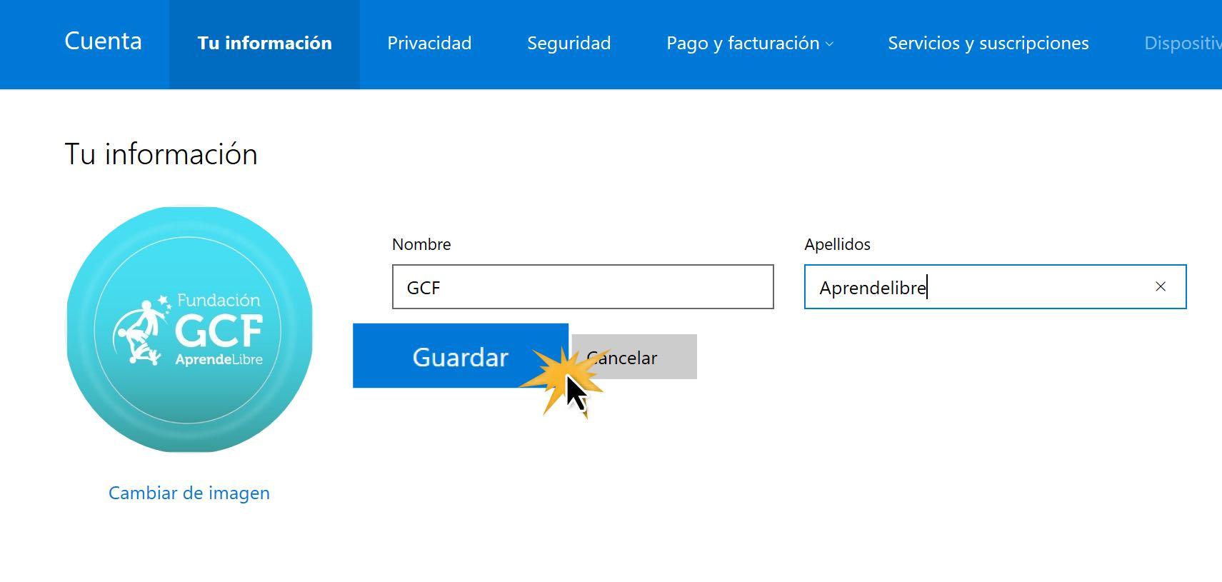 Haz clic en Guardar para modificar tu cuenta.