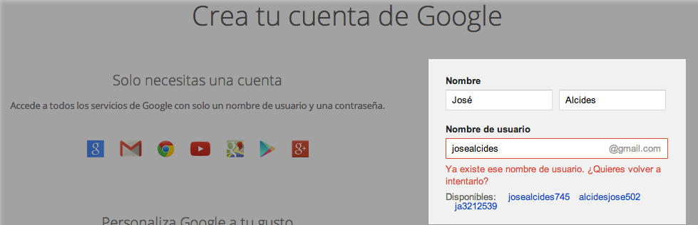 Nombre, apellido y nombre de usuario en Gmail