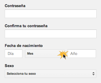Campos contraseña, fecha de nacimiento y sexo