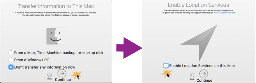 Imagen ejemplo de los pasos 5 y 6 de la configuración inicial de Mac OS X.