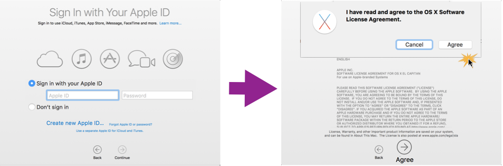 Imagen ejemplo de los pasos 7, 8 y 9 de la configuración inicial de Mac OS X.