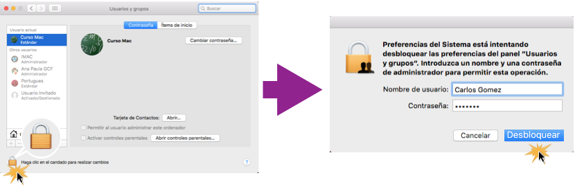 Imagen ejemplo de los pasos 2 y 3 de cómo crear una cuenta de usuario en Mac OS X.