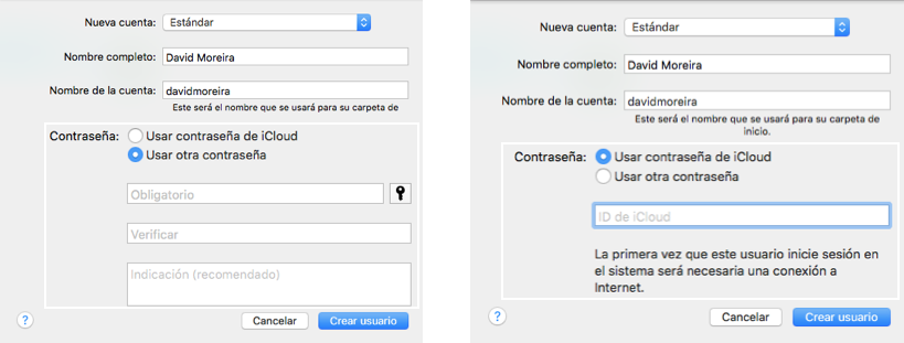 Imagen ejemplo de las opciones de contraseña para una cuenta de usuario de MAC.
