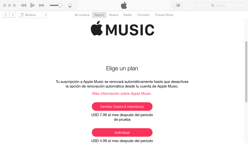 Interfaz Apple Music con opciones de suscripción. 