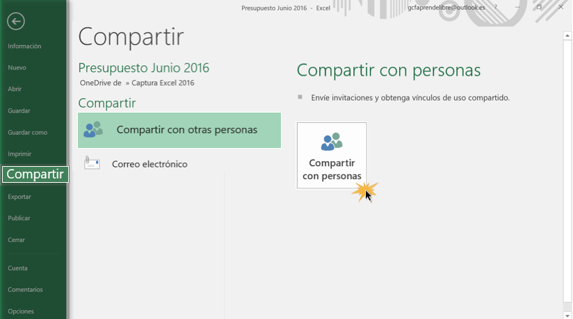 Imagen ejemplo de en la función Compartir en la vista Backstage.