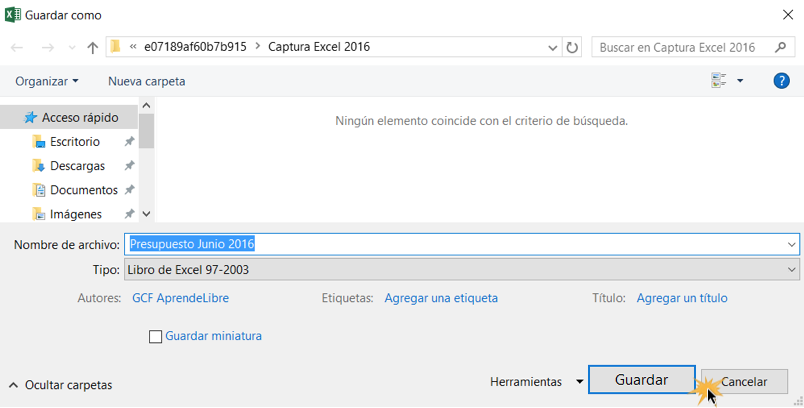 Imagen ejemplo del cuadro de diálogo de Guardar como al exportar un archivo en Excel 2016.