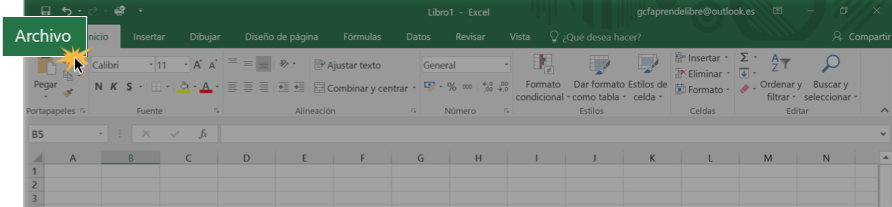 Imagen ejemplo de la pestaña Archivo en la Cinta de opciones.