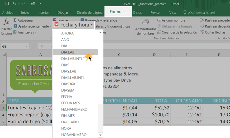 Imagen ejemplo de cómo usar funciones en Excel 2016.