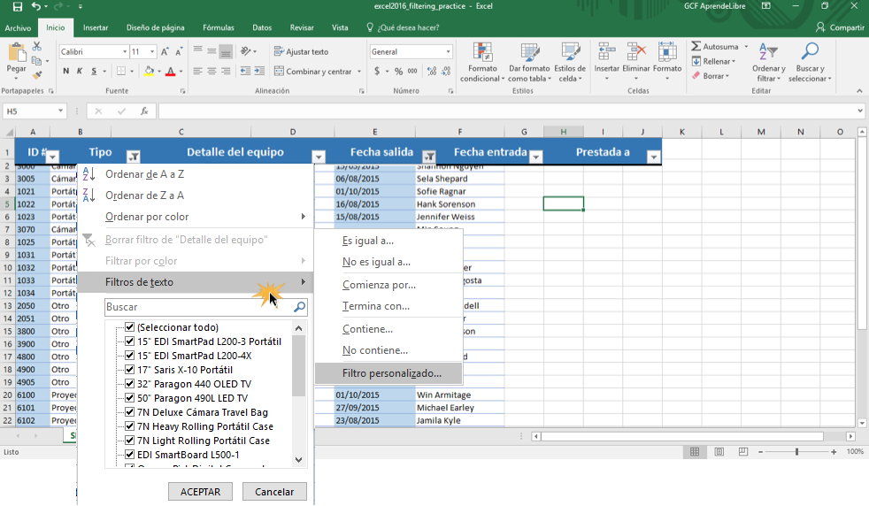 Imagen ejemplo de cómo usar los filtros avanzados en Excel.