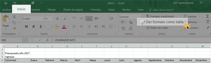 Imagen ejemplo del comando Dar formato como tabla en Excel 2016.