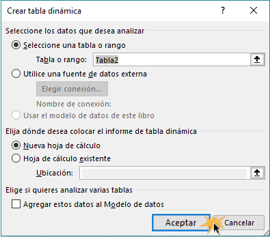 Imagen ejemplo del cuadro de diálogo de Crear tabla dinámica.