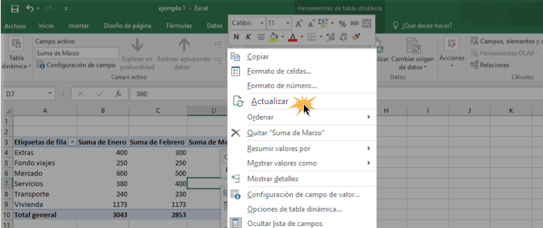Imagen ejemplo de la opción 1 de cómo actualizar una tabla dinámica.