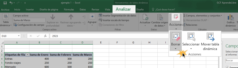 Imagen ejemplo de cómo borrar una tabla o gráfico dinámico.