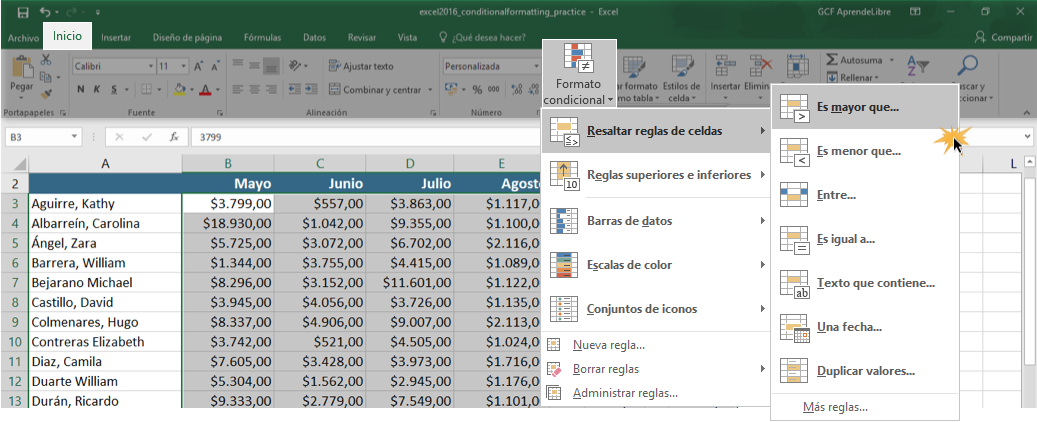 Imagen ejemplo de los pasos 1, 2, 3 y 4 de cómo crear un formato condicional.