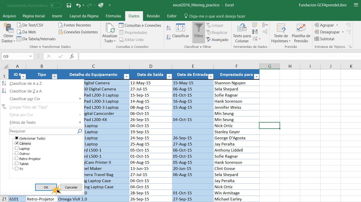 Exemplo de como usar os filtros no Excel 2016.