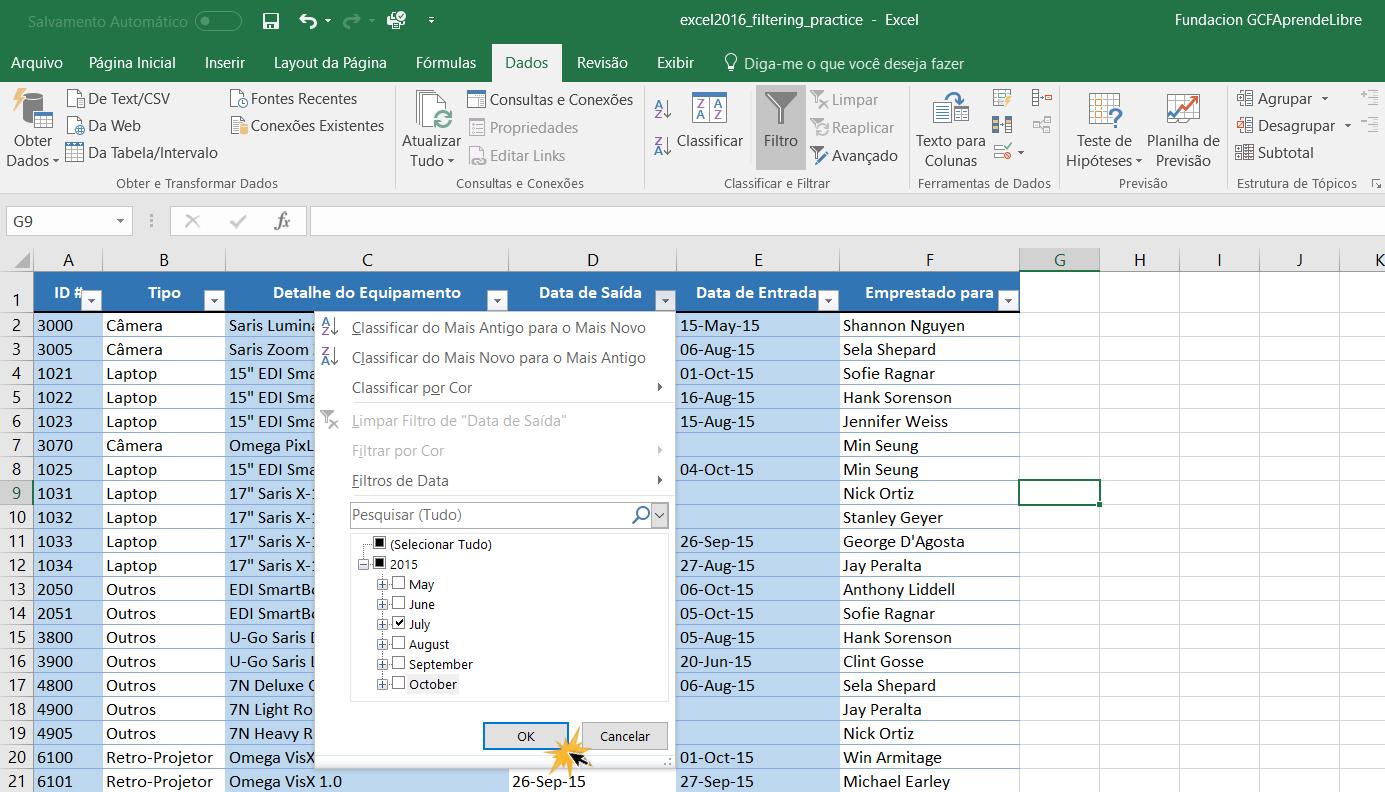 Exemplo de como inserir um segundo filtro no Excel.