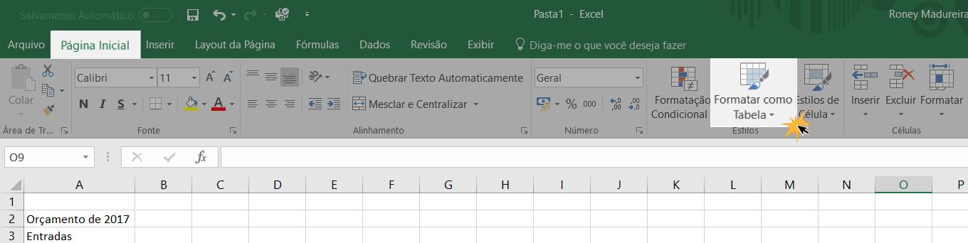 Exemplo do comando Formatar como tabela no Excel 2016.