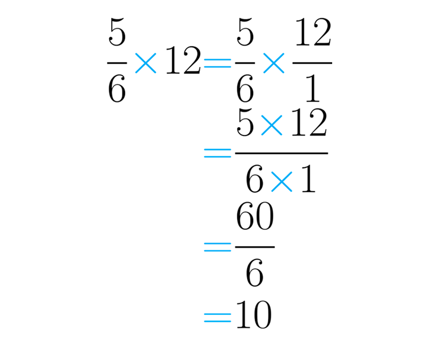 Multiplicación de las fracciones cinco sextos por doce