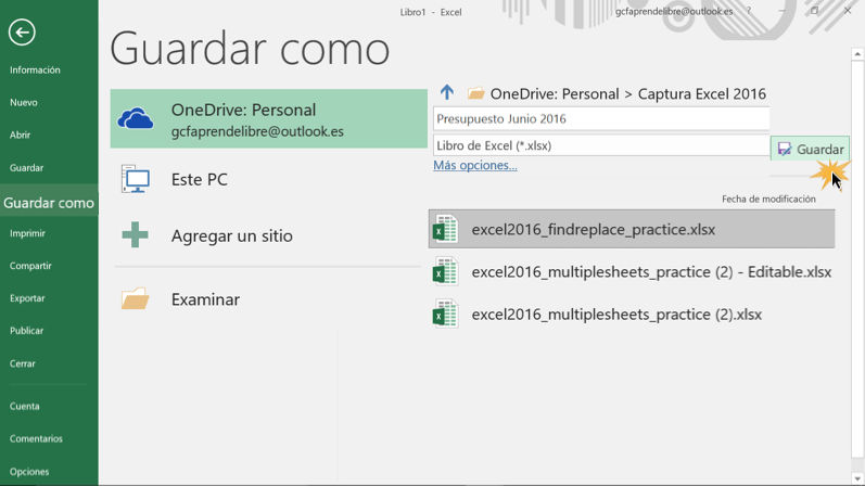 Imagen ejemplo del panel de Guardar como en Excel 2016.