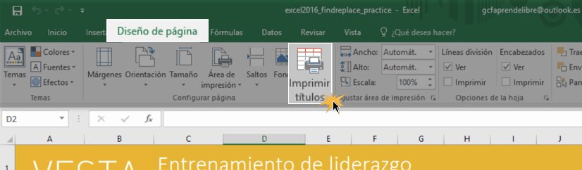 Imagen ejemplo de la pestaña Diseño de página y el botón Imprimir títulos.