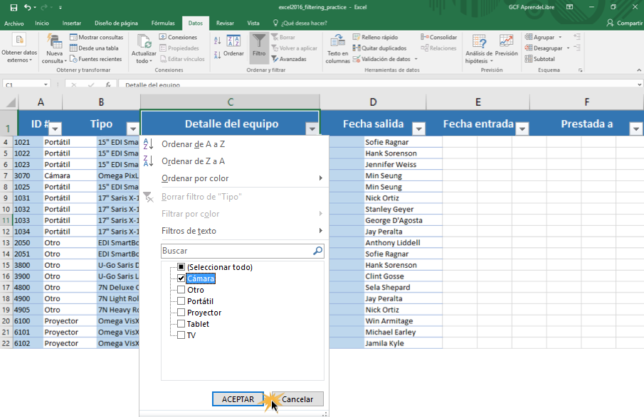 Imagen ejemplo de cómo usar los filtros en Excel 2016.