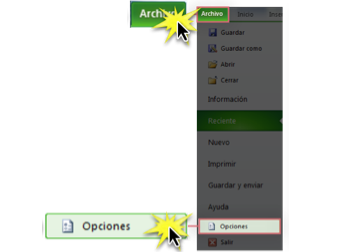 Pasos para acceder al botón Opciones en Excel 2010.