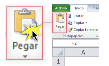 Imagen del comando Pegar en la Cinta de opciones de Excel 2010.
