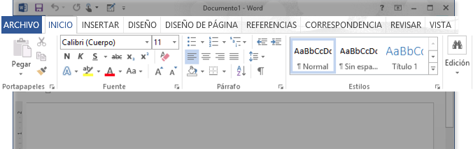 Vista de la Cinta de opciones de Word 2013.