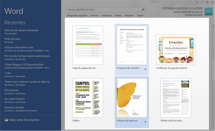 Vista de las plantillas en la página de inicio de Word 2013.