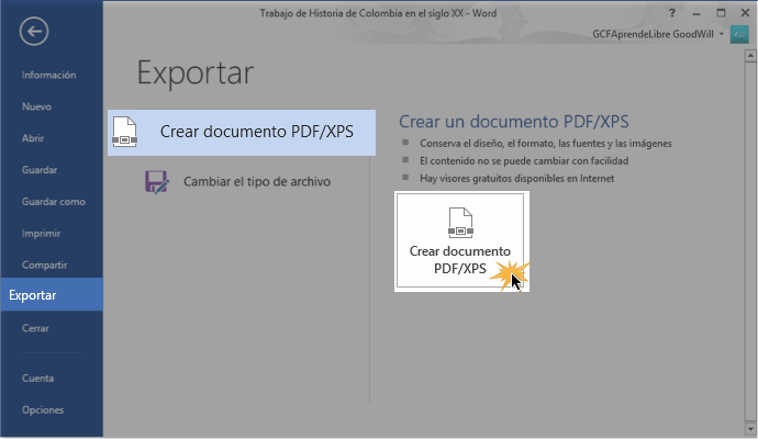 Vista de los primero tres pasos para convertir un documento en un archivo PDF en Word 2013.
