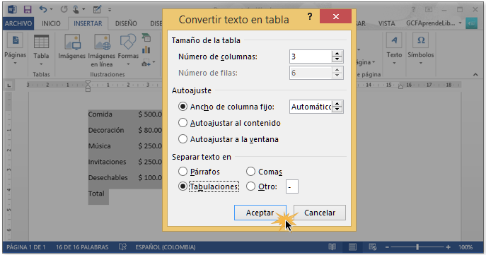 Vista del cuadro de diálogo para convertir texto en tabla.