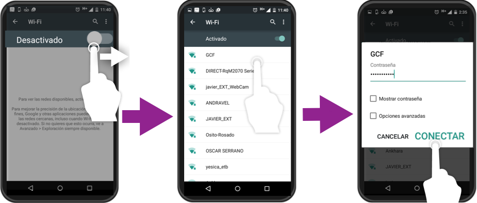 Imagen ejemplo de los pasos 3 y 4 para conectar un Android a una red Wi-Fi.
