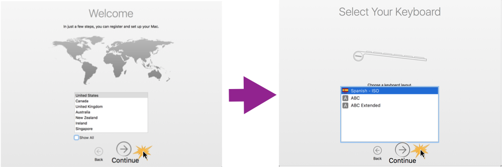 Imagen ejemplo de los dos primeros pasos de la configuración inicial de Mac OS X.
