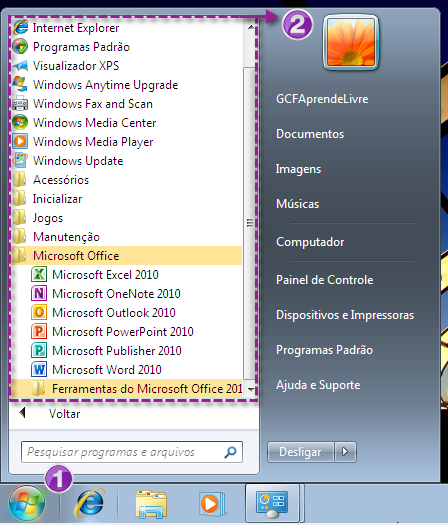 Botão iniciar e menu de programas do Windows