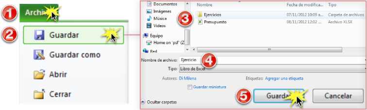 Imagen de pasos para guardar un archivo en Excel 2010.