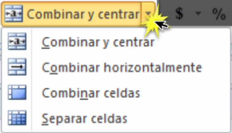 Imagen de las opciones de combinación que se despliegan del comando Combinar y centrar en Excel 2010.