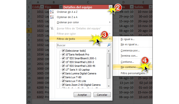 Imagen ejemplo de los pasos 2, 3 y 4 para aplicar filtros avanzados en una hoja de cálculo de Excel 2010.