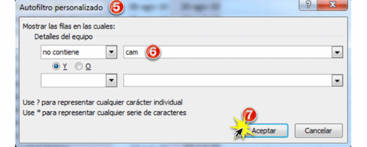 Imagen ejemplo de los pasos 5, 6 y 7 para aplicar filtros avanzados en una hoja de cálculo de Excel 2010.