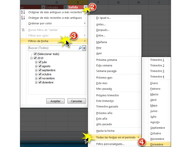 Imagen ejemplo de cómo activar un filtro de fecha en Excel 2010.