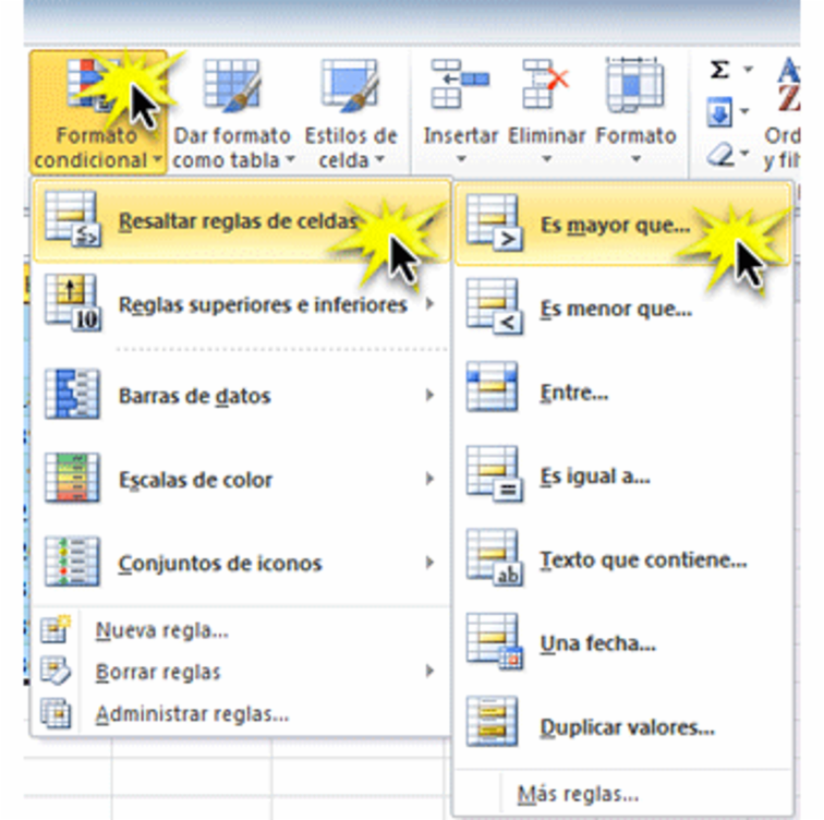 Imagen ejemplo del menú desplegable del comando Formato condicional en Excel 2010.