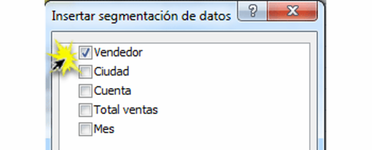 Imagen ejemplo del cuadro de diálogo Insertar segmentación de datos en Excel 2010.