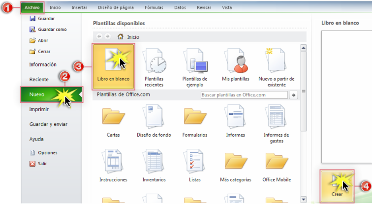 Pasos para crear un archivo en Excel 2010.