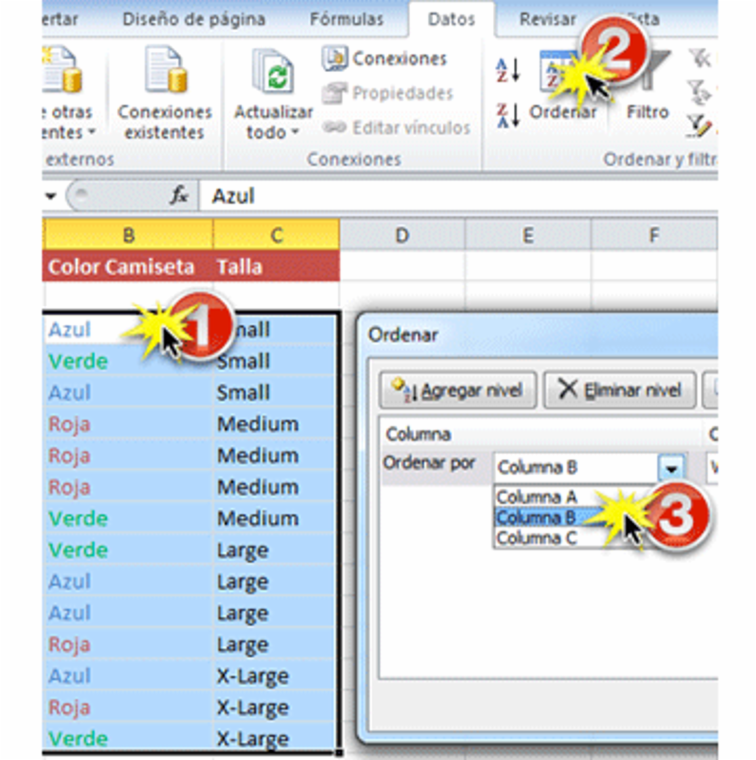 Imagen de los pasos 1, 2 y 3 de cómo ordenar datos por color de fuente en Excel 2010.