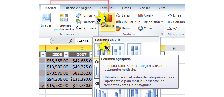 Imagen ejemplo del paso 2 y 3 para crear un gráfico en Excel 2010.